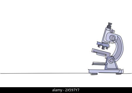 Single one line drawing of lab microscope to magnify bacteria size under the lens. Back to school minimalist, education concept. Continuous simple lin Stock Vector