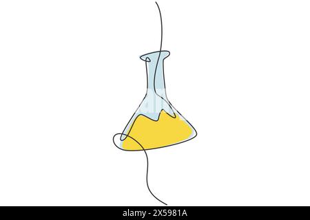 Single continuous line drawing of flask glass for experiment liquid on laboratory. Back to school minimalist style. Education concept. Modern one line Stock Vector