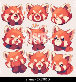 9 set red panda expressions emotes stickers cute kawaii adorable kids children pastel colors logo emoji Stock Photo