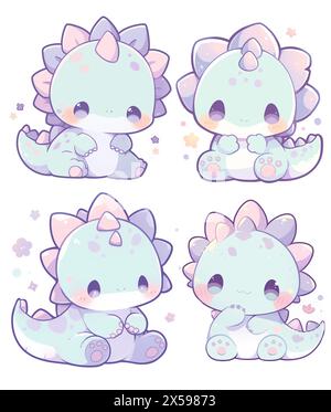 dino blue pastel and purple set emotes stickers cute kawaii adorable kids children pastel colors logo emoji Stock Photo