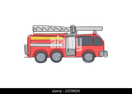 Continuous one line drawing of emergency road vehicle fire engine. Fire truck rescue as fire fighter apparatus hand drawn minimalist concept. Modern s Stock Vector