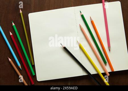 blank sketchbook with eleven color pencils on the wooden table Stock Photo