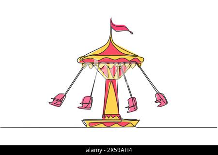 Continuous one line drawing wave swinger in the amusement park with four seats and a flag above. The passengers can swing around in the sky. Single li Stock Vector