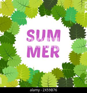 Background with summer leaves with inscription summer in the center. Vector illustration. Stock Vector