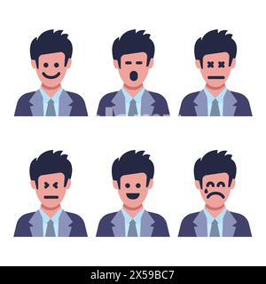 Set of six men with different facial emotions. Human face with  emoji character. Vector illustration Stock Vector