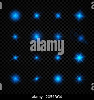 Light effect of lens flares. Set of sixteen blue glowing lights starburst effects with sparkles on a transparent background. Vector illustration Stock Vector