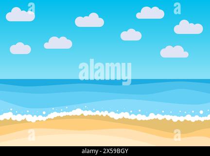 Vector landscape with summer beach. Waves of the sandy beach, blue sky and sea. Landscape vector illustration. Stock Vector