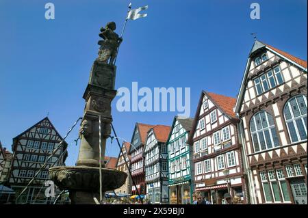 The Rolandsbrunnen fountain at the marketplace of Fritzlar, Hesse, Germany, Europe Stock Photo