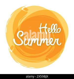 Hello summer on yellow watercolor spot. Design element for invitation, greeting card, prints and posters. Vector illustration. Stock Vector