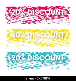 20% discount banner. Set of three sale banners on the colorful painted spots. Vector illustration Stock Vector
