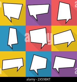 Set of nine cartoon comic balloon speech bubbles in flat style. Elements of design comic books without phrases. Vector illustration Stock Vector