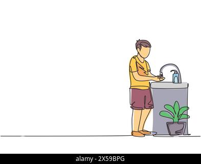 Continuous one line drawing a boy washes his hands in the sink, there is a soap dispenser by the faucet and there is a pot of plants under the sink. S Stock Vector