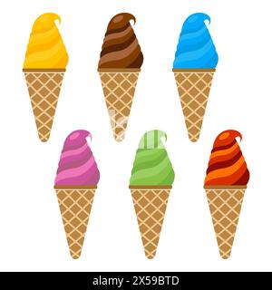 Set of vector illustration of ice cream. Multicolored creamy ice cream in a waffle horn Stock Vector