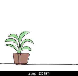 Single continuous line drawing potted plants with six growing leaves are used for ornamental plants. Leaves that decorate the interior of the room. On Stock Vector