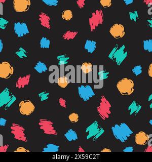 Seamless pattern with colorful hand drawn scribble smear on dark background. Abstract grunge texture. Vector illustration Stock Vector