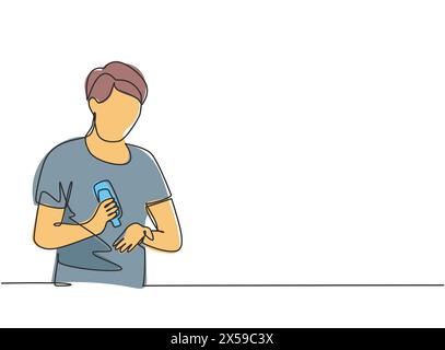 Single continuous line drawing man pours hand sanitizer into the palms of his hands to avoid germs and be more hygienic. Protection against covid-19. Stock Vector