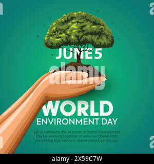 world environmental day. two hands holding with sand and tree. vector illustration design Stock Vector