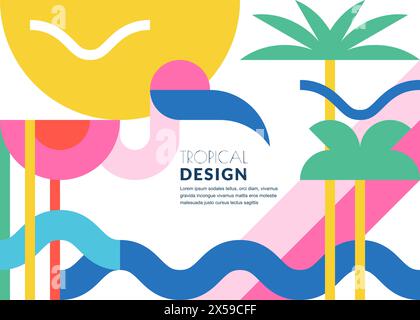 Summer tropical abstract color block geometric background. Beach vacation flat symbols. Vector print, banner, poster, greeting card design with palms Stock Vector