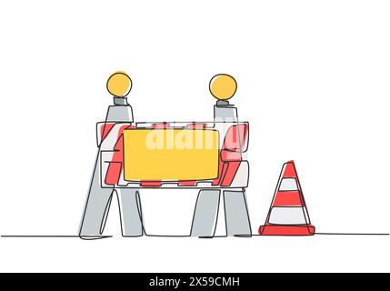 Single continuous line drawing warnings on under construction boards and traffic cones located on the side of the road that is undergoing repairs. One Stock Vector