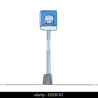 Single one line drawing of a bus stop with a simple bus sign located on the side of an urban road where passengers get on and off. Modern continuous l Stock Vector