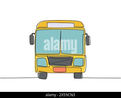 Continuous one line drawing front view of bus that is stopped at the bus stop waiting for passengers to get on and off, then continue their journey. S Stock Vector