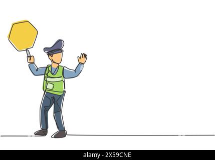 Continuous one line drawing policeman in full uniform and lifting traffic signs are controlling the crowds of vehicles during office rush hour. Single Stock Vector