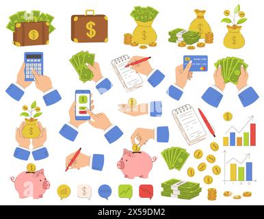 A collection of images depicting various financial transactions. Hands holding money, counts on a calculator, and using a credit card. Flat vector ill Stock Vector