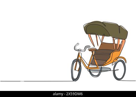 Single one line drawing of cycle rickshaw with three wheels and a rear passenger seat is an ancient vehicle in several Asian countries. Modern continu Stock Vector