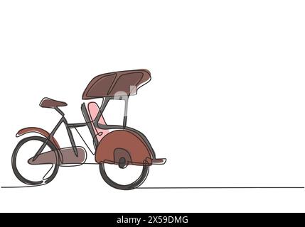 Continuous one line drawing pedicab is viewed from the side with three wheels and the front passenger seat and the driver's controls at the rear. Sing Stock Vector