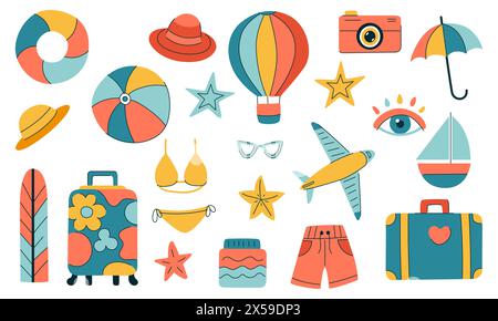 A collection of colorful images related to travel and leisure. Set include a suitcase, a camera, a lifebuoy, an umbrella. Cartoon vector design elemen Stock Vector