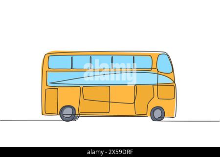 Single continuous line drawing double decker buses that are seen from the side, serve tourists to go around the city enjoying their holidays. Dynamic Stock Vector
