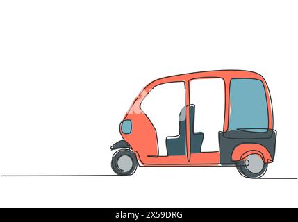Continuous one line drawing from the side, Rickshaw is a traditional transportation in India which is still operating until now serving passengers. Si Stock Vector