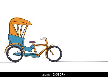 Single continuous line drawing the cycle rickshaw seen from the side pulls the passenger sitting behind it with a bicycle pedal. Tourist vehicle. One Stock Vector