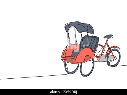 Single one line drawing pedicab with three wheels and passenger seat at the front and driver control at the rear are often found in Indonesia. Continu Stock Vector