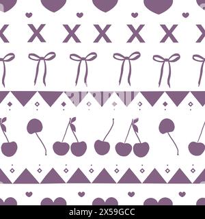 Cherries, heart, bow ties purple colored seamless fabric design vintage designed pattern Stock Vector