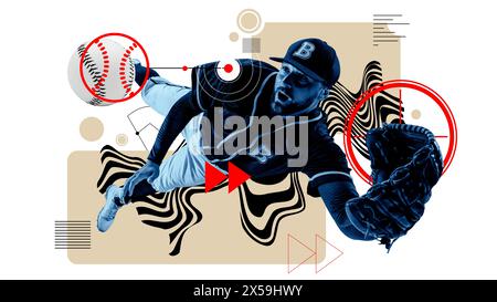 Dynamic image of man, baseball player in motion, catching ball in jump against light background with abstract elements. Contemporary art collage. Stock Photo