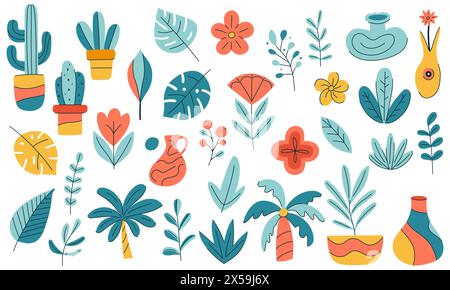 A collection of colorful plants and flowers, including a vase and a potted plant. Set include cactus, abstract leaves and shapes. Simple hand-drawn pl Stock Vector