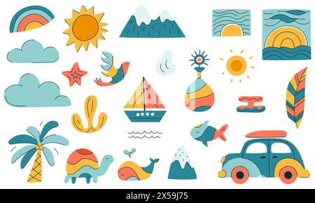 A set of colorful elements and symbols for summer travel, vacation. Sunset, animals, nature. Simple hand-drawn playful illustration isolated on white Stock Vector