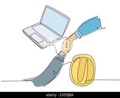 Continuous line drawing of young business man and architect deal big construction building project. Business agreement concept. Single line drawing de Stock Vector