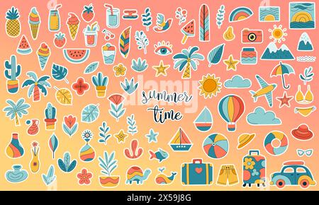 Set of stickers with colorful images related to summer travel, leisure, vacation. Set include plants, fruits, cocktails, natural elements. Printable s Stock Vector