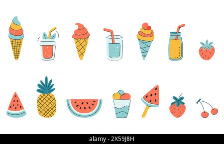 A collection of colorful and playful cartoon images of fruits and beverages. Set includes watermelon, strawberry, cherry, cold drinks, ice cream. Isol Stock Vector