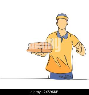 One line drawing of young pizza delivery man gives thumbs up gesture while deliver the package to customer. Food delivery service business concept. Co Stock Vector