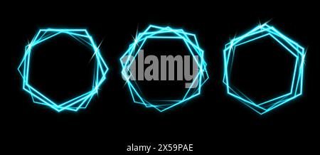 Blue laser glowing frames isolated on black background. Neon hexagons. Abstract vector illustration. Stock Vector
