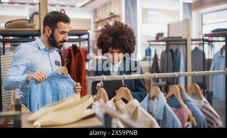 Clothing Store: Businesswoman Uses Tablet Computer, Talks to Visual Merchandising Specialist, Collaborate To Create Stylish Collection. Small Business Fashion Shop Sales Manager Talks to Designer. Stock Photo