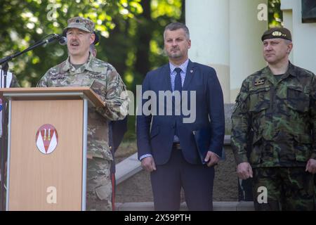 (L-R) Lt. Col. Kevin Hoffman, commander of the U.S. Army's 116th Infantry Battalion, Hranice mayor Daniel Vitonsky and general Vaclav Vlcek, commander of the Operations command, during ceremonial entry of Czech and American troops on the occasion of 79th anniversary of Victory Day in Hranice, Prerov region, Czech Republic, May 8, 2024. The end of the war was commemorated with the soldiers of the local garrison about 200 members of the US National Guard, who are currently engaged in the Alliance's Immediate Response 2024 exercise in the nearby military area Libava. This is part of the large-sca Stock Photo