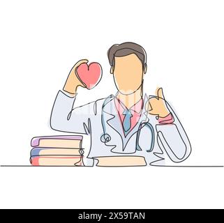 One line drawing of young happy male doctor holding heart replica on his hand and giving thumb up gesture. Healthy lifestyle healthcare concept. Medic Stock Vector