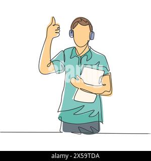 Single line drawing of young happy field project manager wearing headset and carrying clipboard while working. Field manager work life concept. Contin Stock Vector