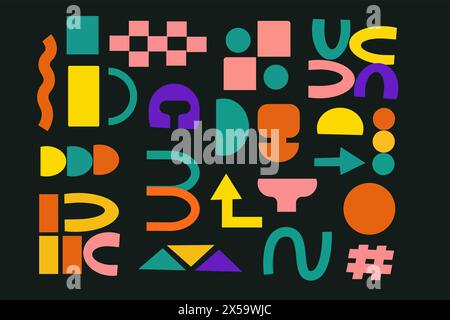 Set of stickers with naive playful abstract shapes. Circle, oval, rectangle, arched in the trendy retro style. Aesthetics background of brutalism. Vec Stock Vector