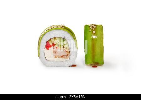 Avocado sushi roll with tempura shrimp and tobiko on white Stock Photo