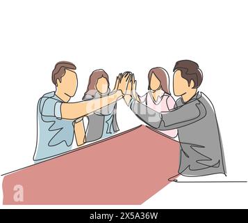 One line drawing of young businessmen and businesswomen celebrating their successive goal at the business meeting with high five gesture. Business dea Stock Vector